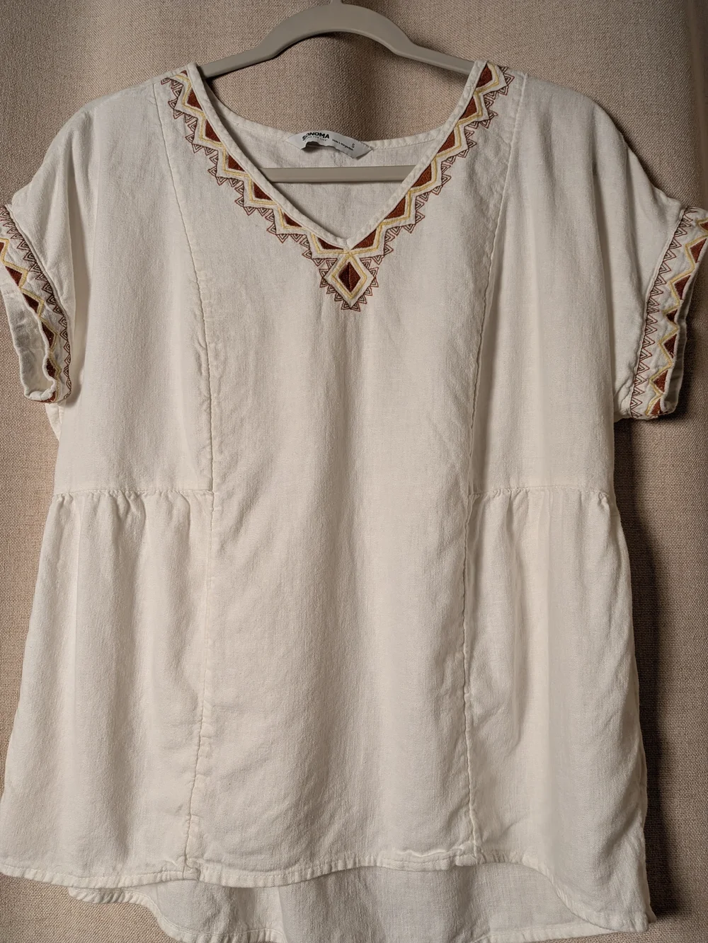 Sonoma Linen Blend Embroidered Boho Peplum Top Small